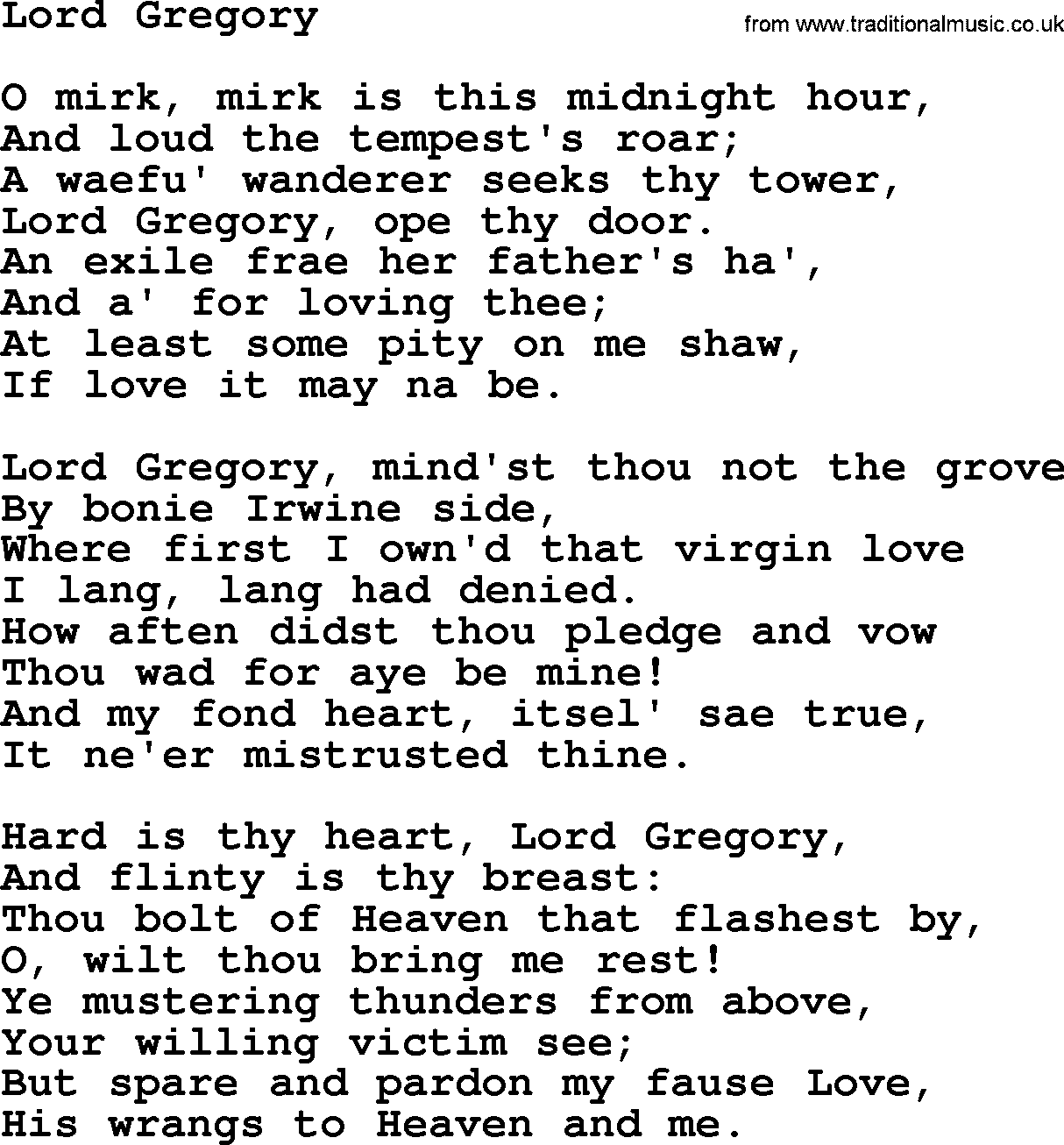 Robert Burns Songs & Lyrics: Lord Gregory