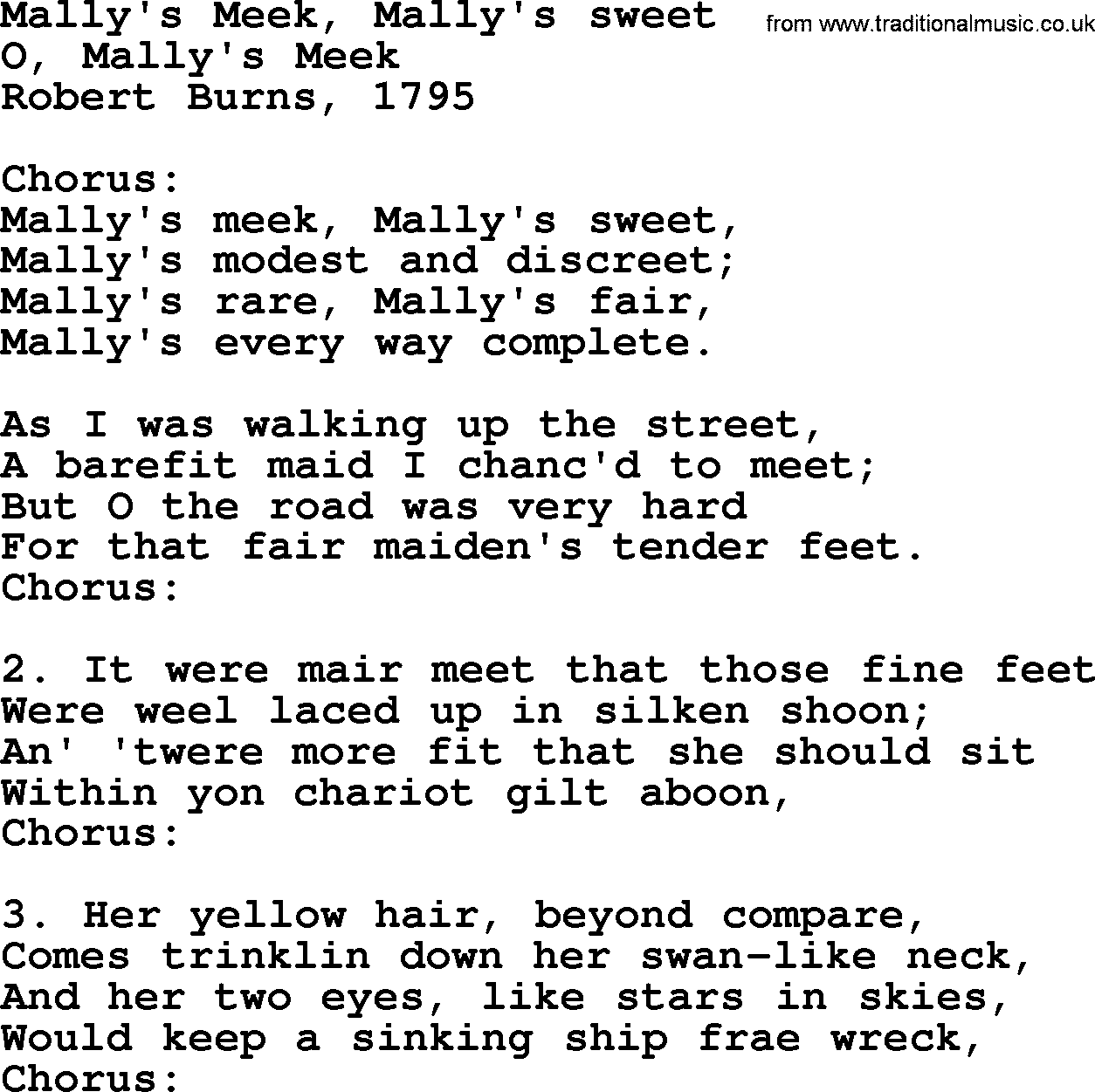 Robert Burns Songs & Lyrics: Mally's Meek, Mally's Sweet