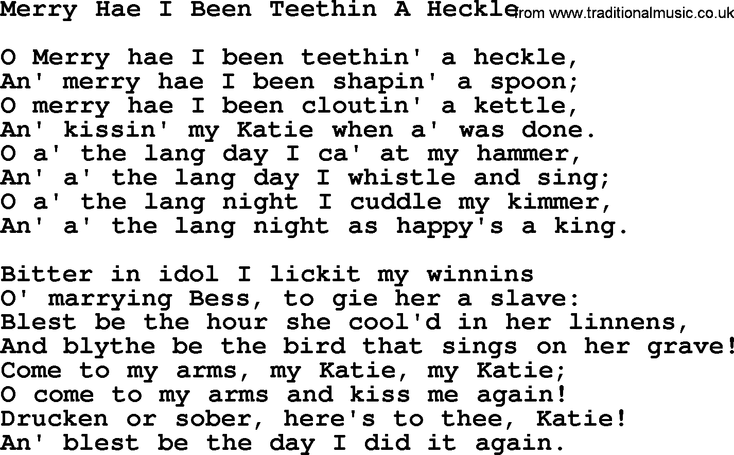Robert Burns Songs & Lyrics: Merry Hae I Been Teethin A Heckle