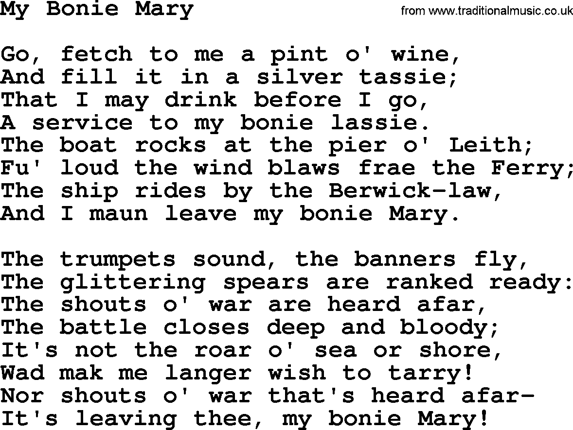 Robert Burns Songs & Lyrics: My Bonie Mary