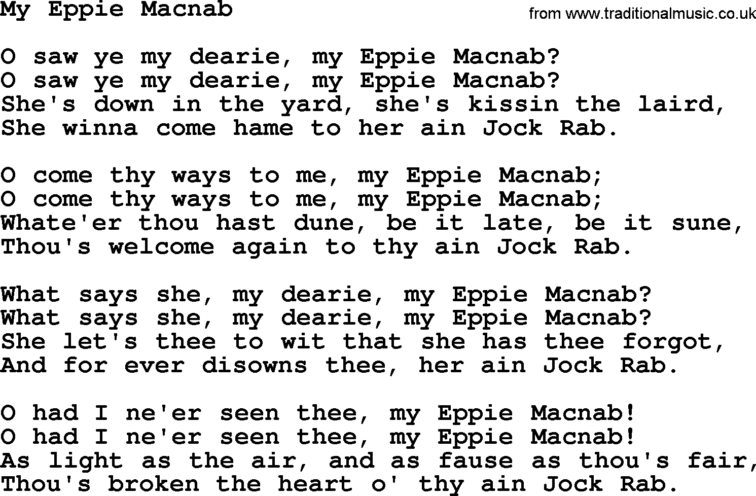 Robert Burns Songs & Lyrics: My Eppie Macnab