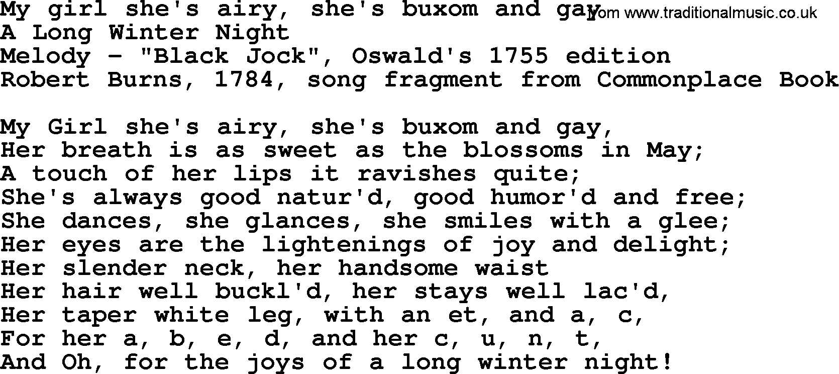 Robert Burns Songs & Lyrics: My Girl She's Airy, She's Buxom And Gay