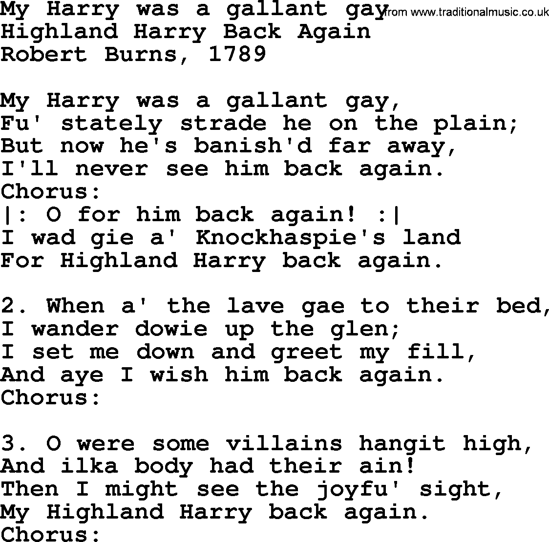 Robert Burns Songs & Lyrics: My Harry Was A Gallant Gay