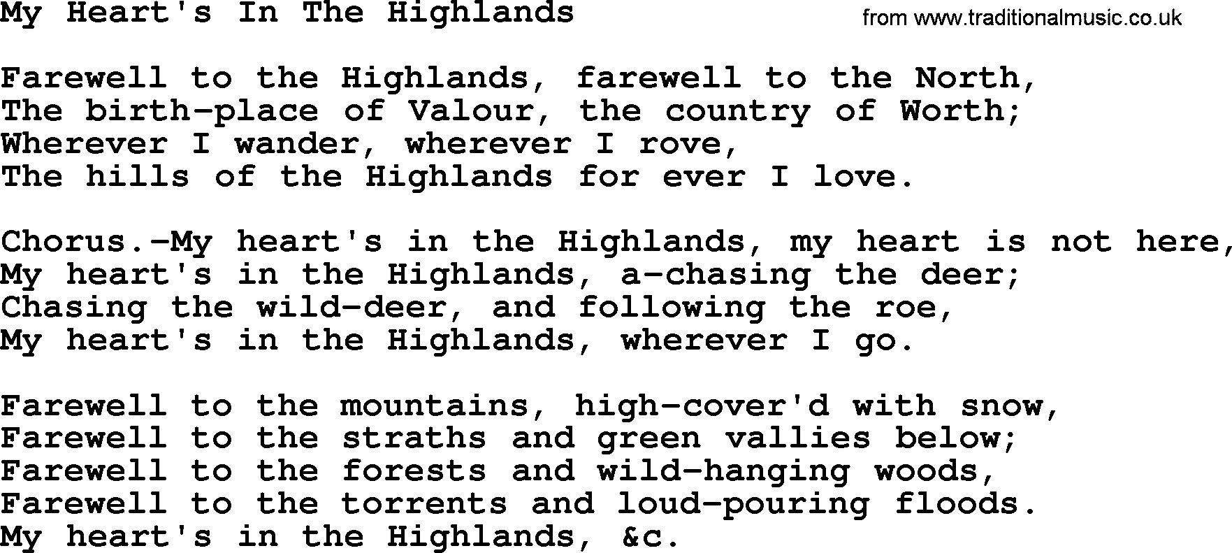 Robert Burns Songs & Lyrics: My Heart's In The Highlands