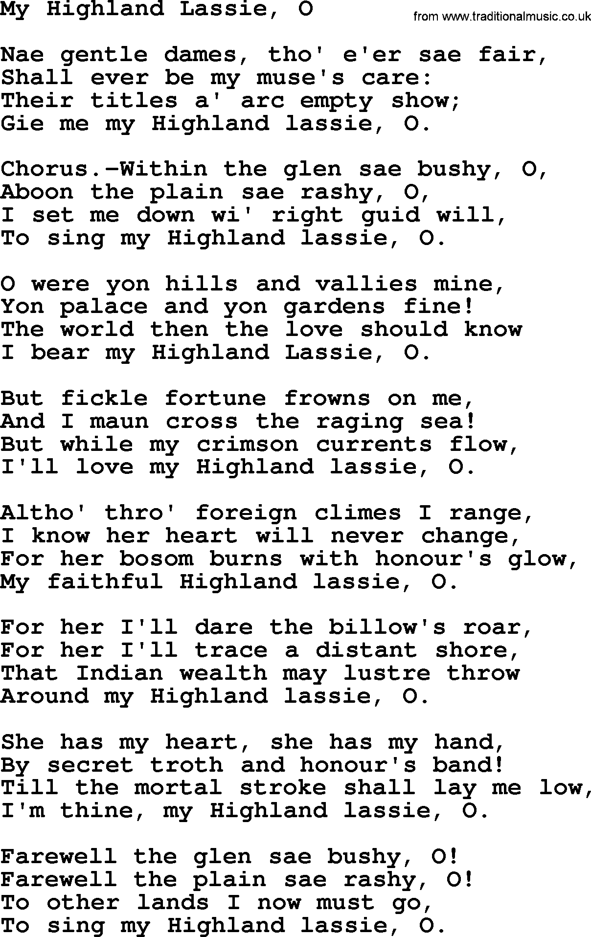 Robert Burns Songs & Lyrics: My Highland Lassie, O