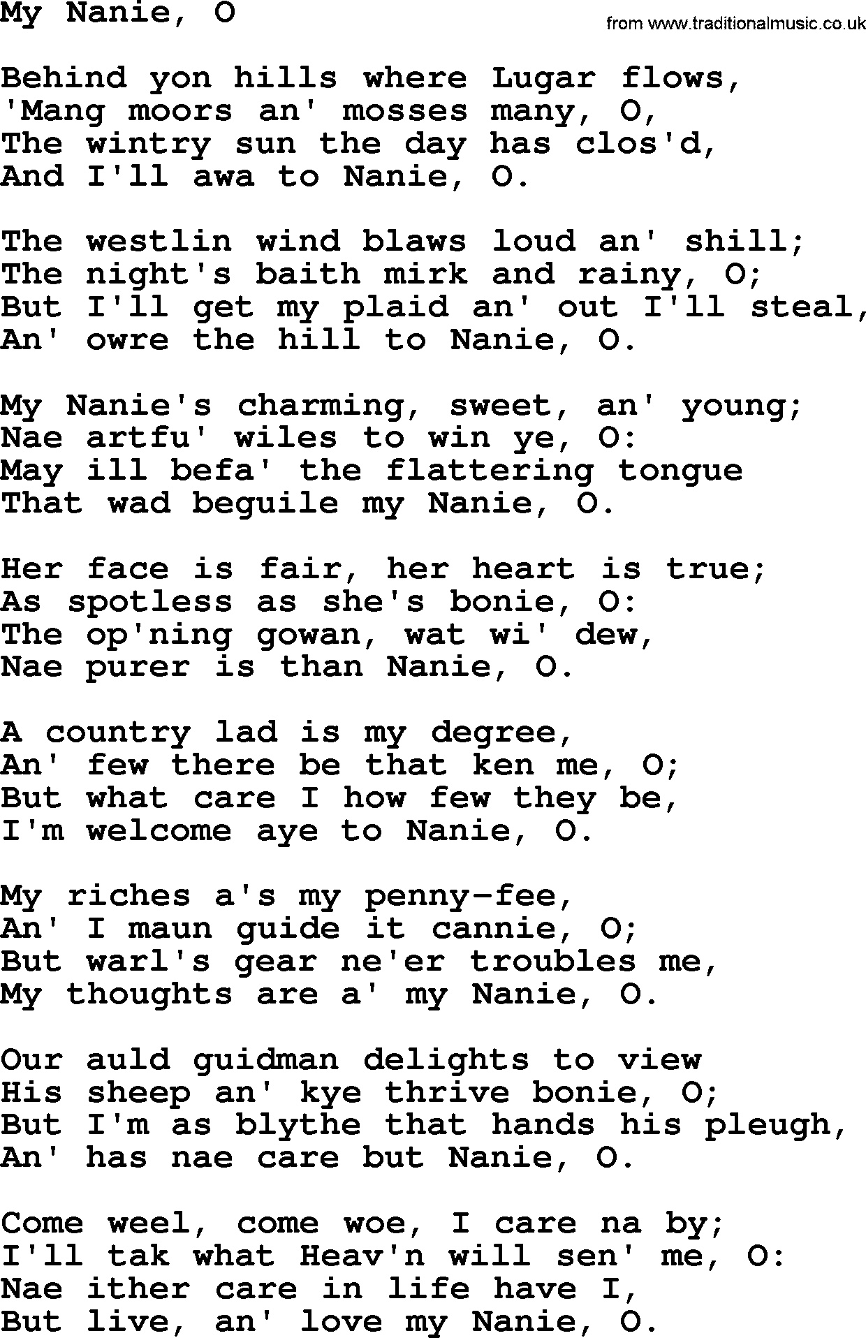 Robert Burns Songs & Lyrics: My Nanie, O