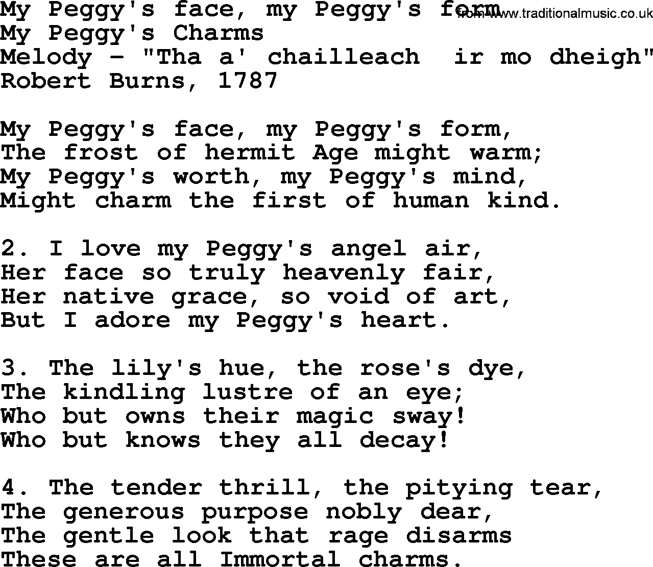 Robert Burns Songs & Lyrics: My Peggy's Face, My Peggy's Form