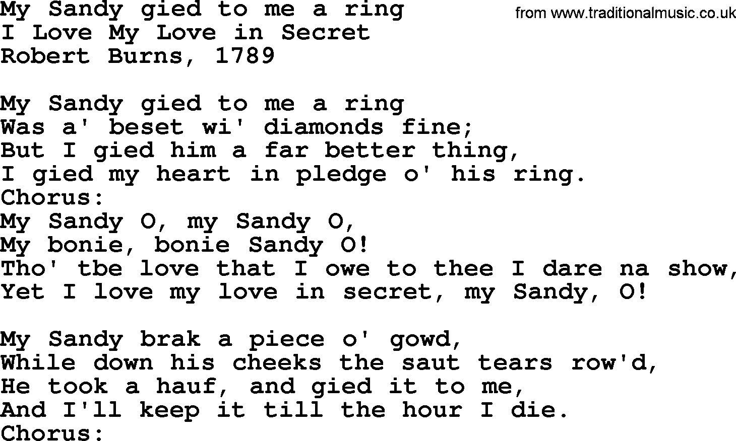 Robert Burns Songs & Lyrics: My Sandy Gied To Me A Ring