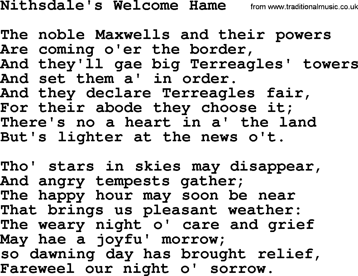 Robert Burns Songs & Lyrics: Nithsdale's Welcome Hame