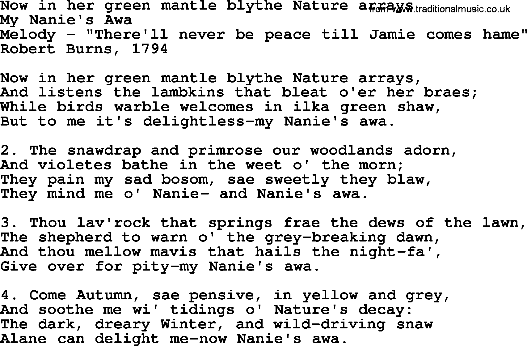 Robert Burns Songs & Lyrics: Now In Her Green Mantle Blythe Nature Arrays