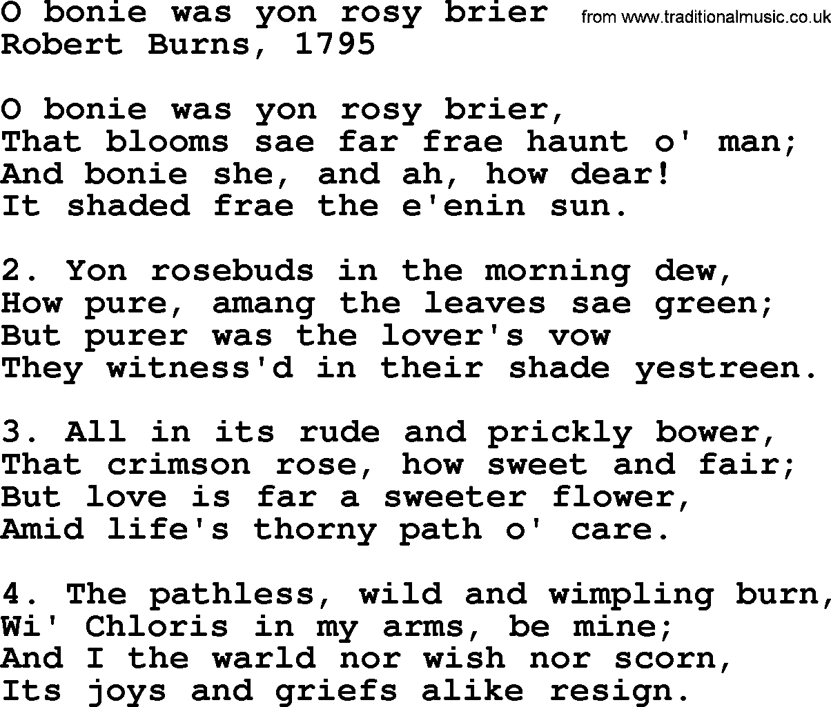Robert Burns Songs & Lyrics: O Bonie Was Yon Rosy Brier