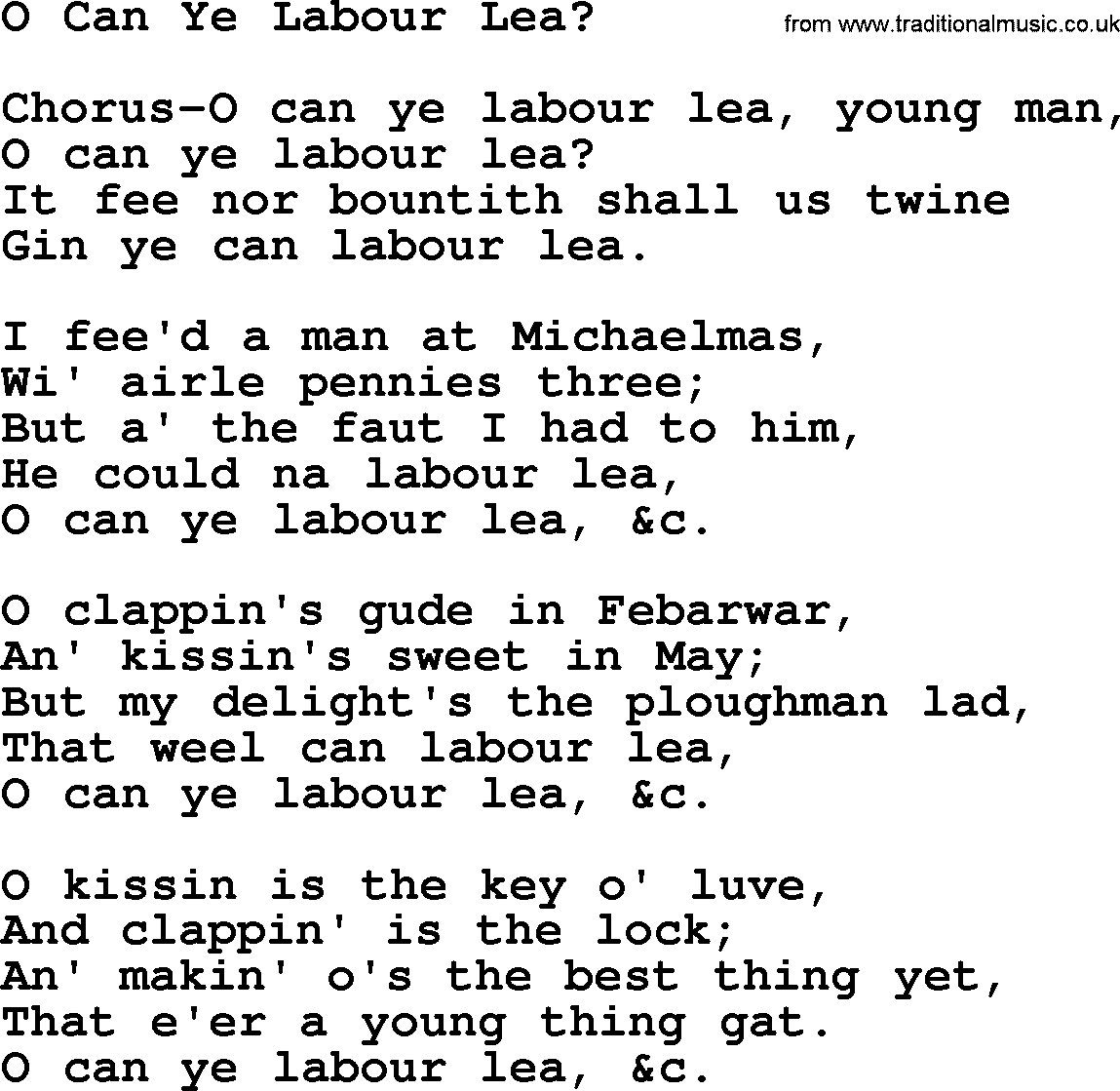 Robert Burns Songs & Lyrics: O Can Ye Labour Lea 