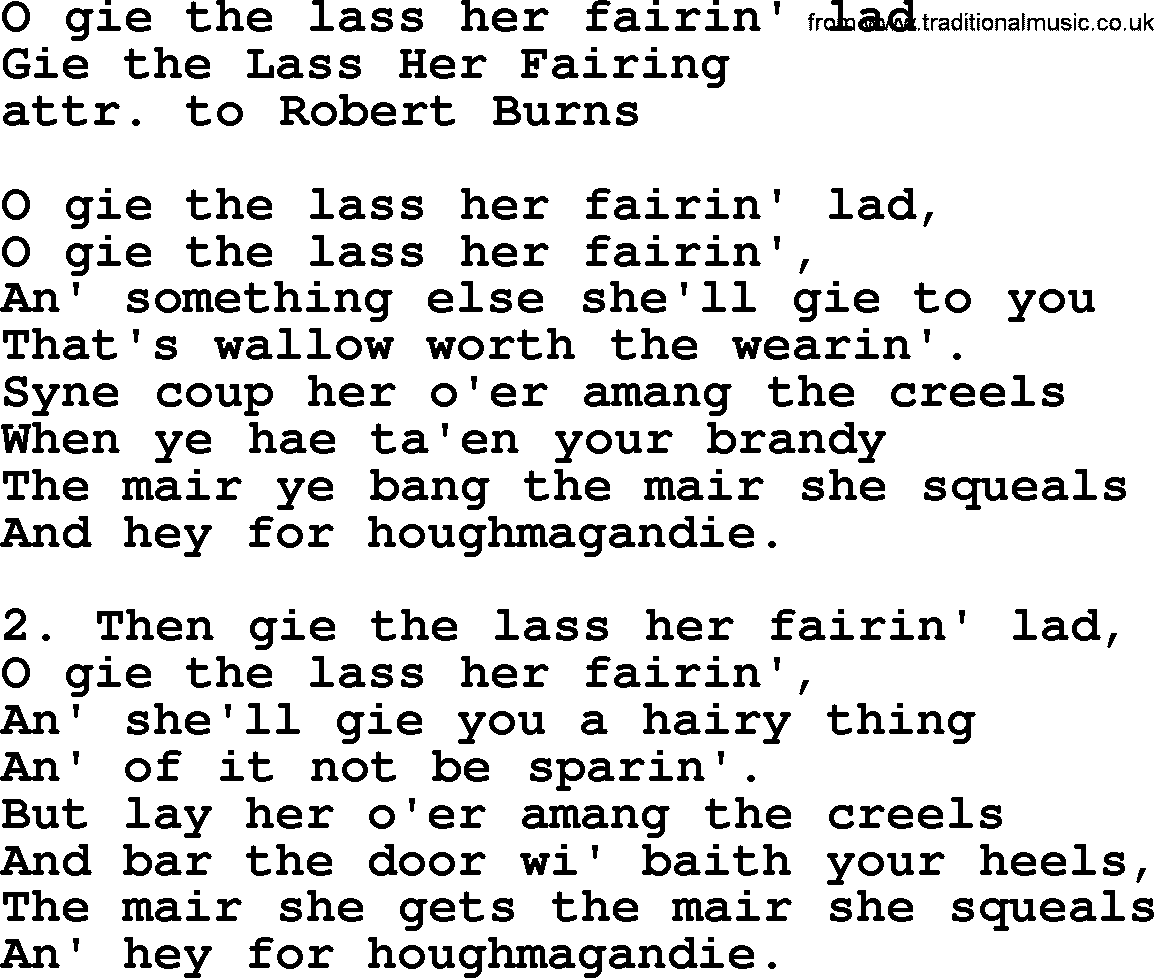 Robert Burns Songs & Lyrics: O Gie The Lass Her Fairin' Lad
