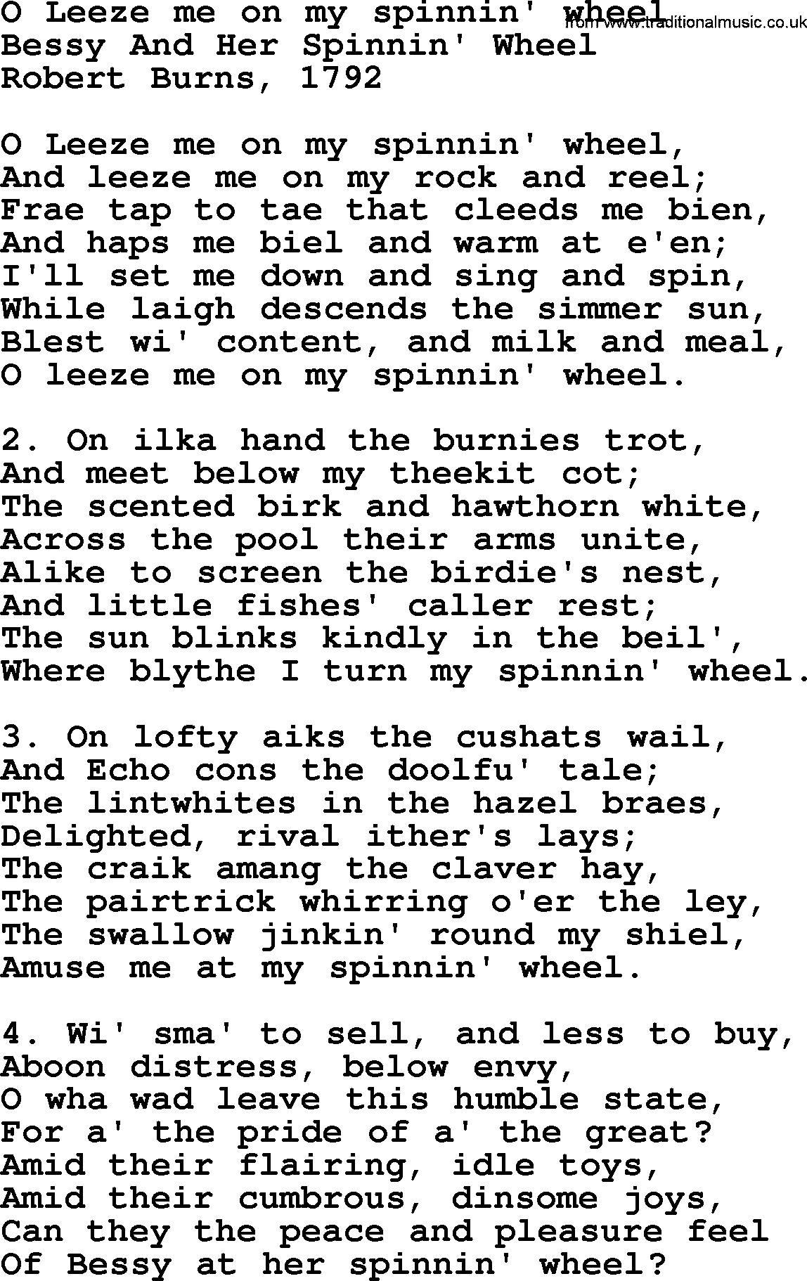 Robert Burns Songs & Lyrics: O Leeze Me On My Spinnin' Wheel