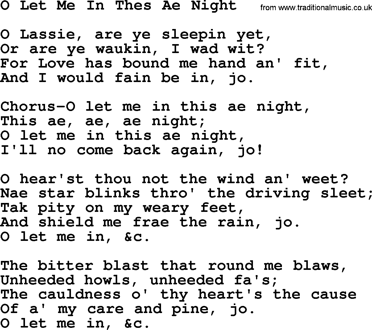 Robert Burns Songs & Lyrics: O Let Me In Thes Ae Night