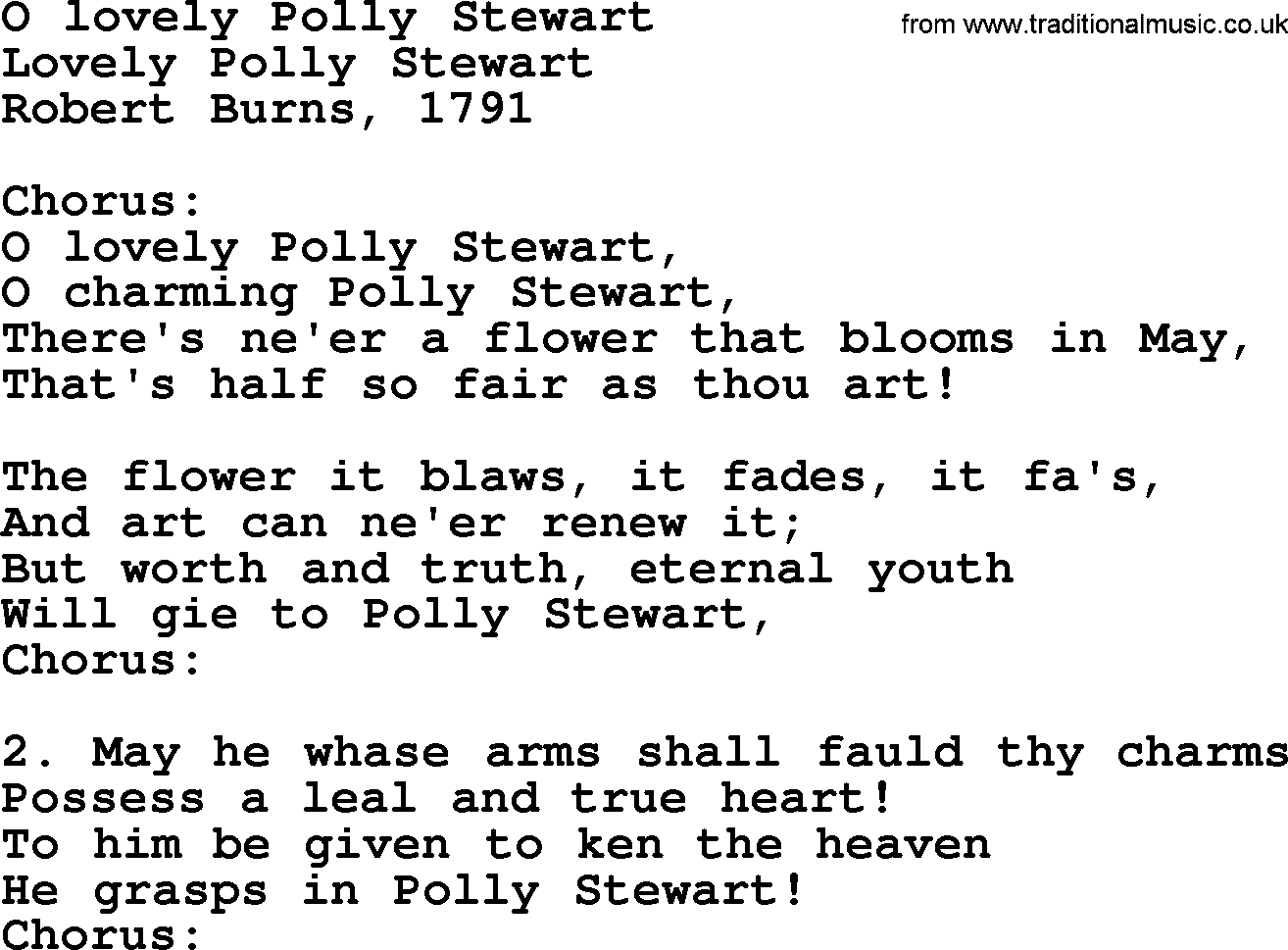 Robert Burns Songs & Lyrics: O Lovely Polly Stewart