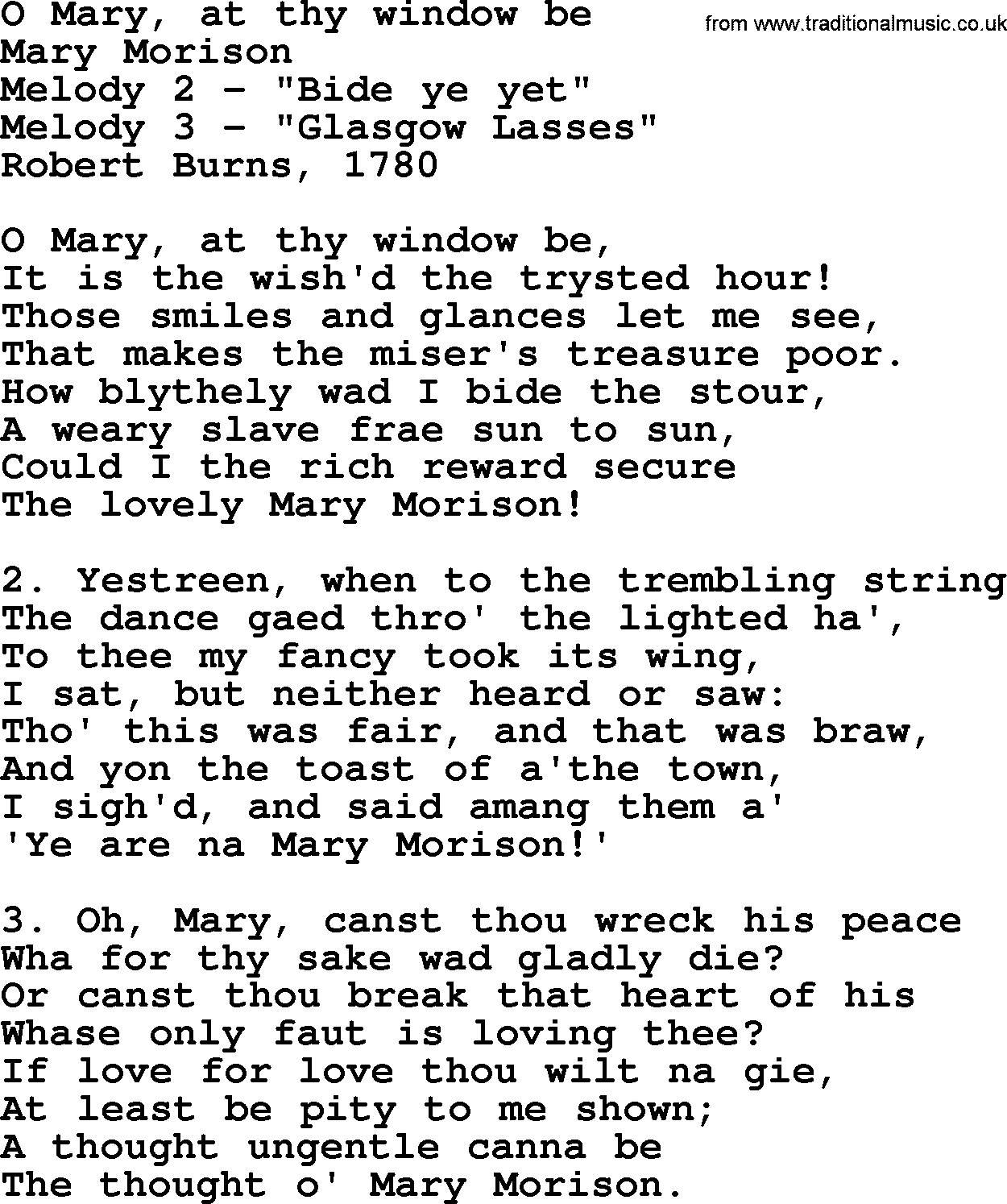 Robert Burns Songs & Lyrics: O Mary, At Thy Window Be