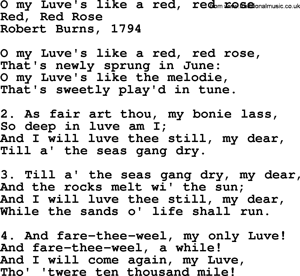 Robert Burns Songs & Lyrics: O My Luve's Like A Red, Red Rose