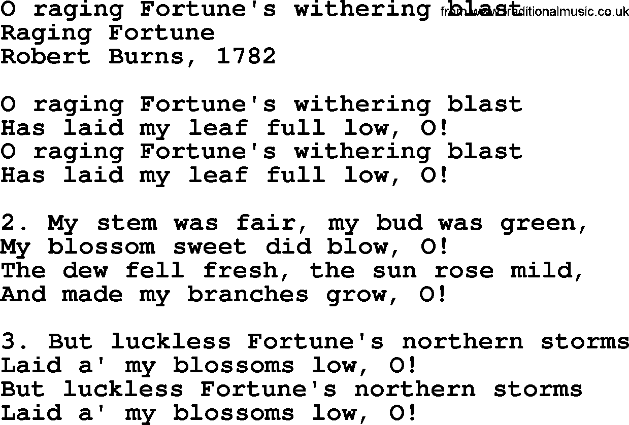 Robert Burns Songs & Lyrics: O Raging Fortune's Withering Blast