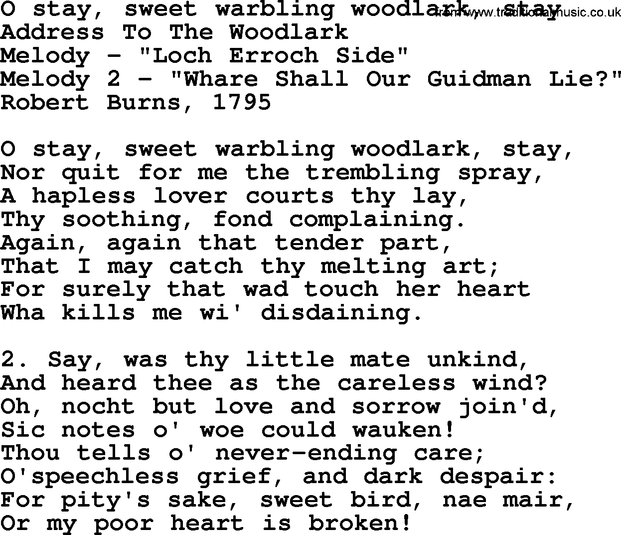 Robert Burns Songs & Lyrics: O Stay, Sweet Warbling Woodlark, Stay