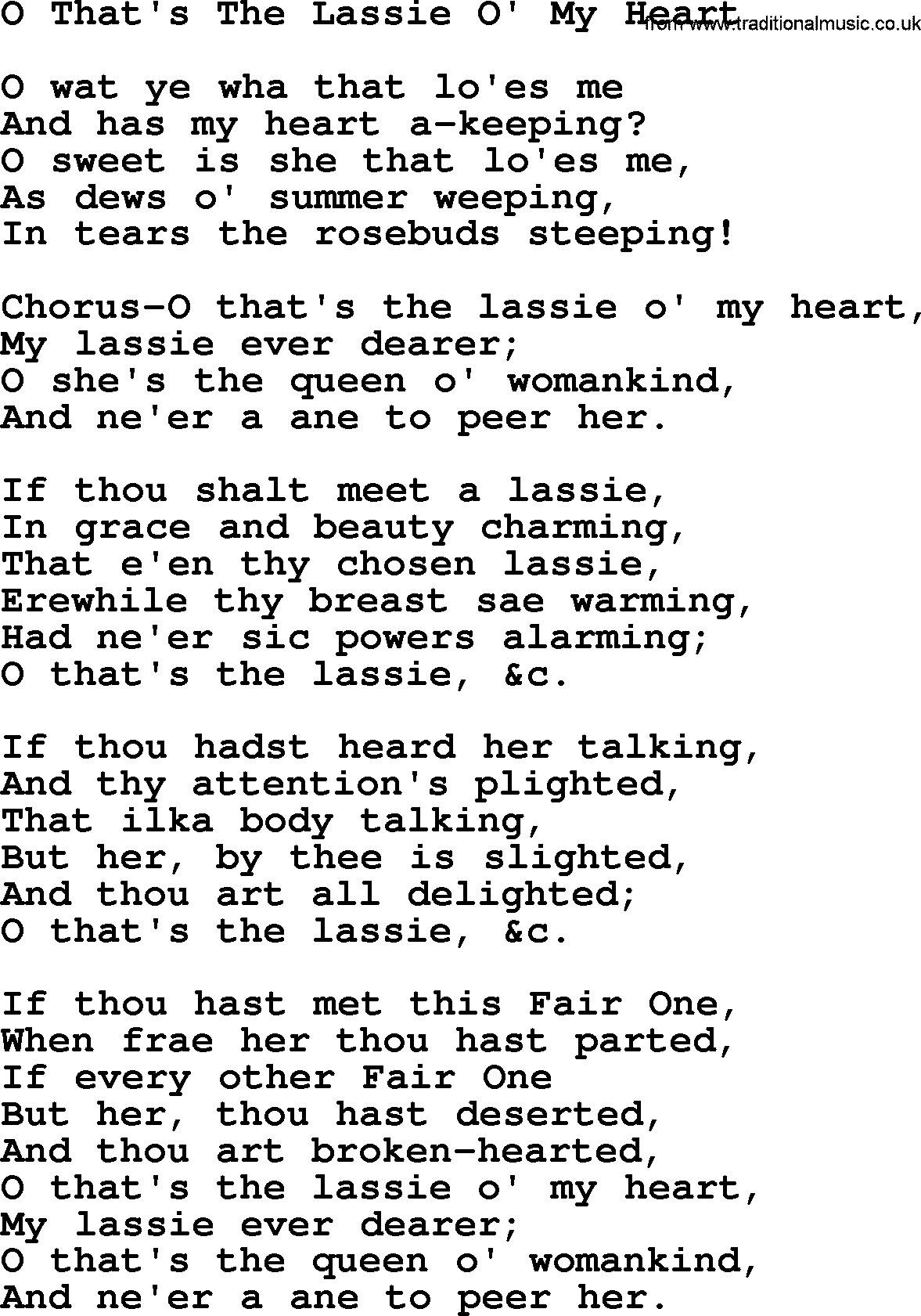 Robert Burns Songs & Lyrics: O That's The Lassie O' My Heart