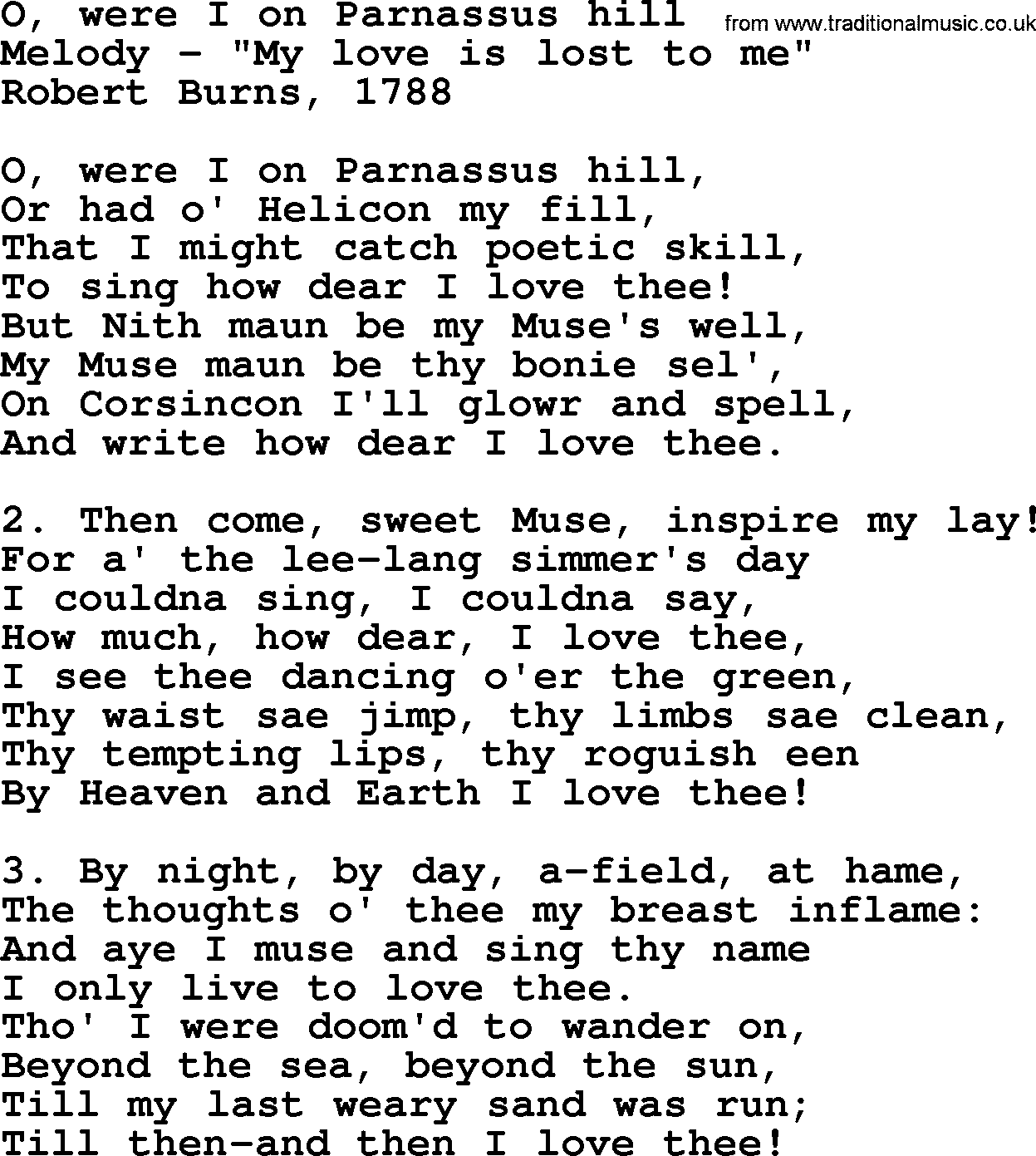 Robert Burns Songs & Lyrics: O, Were I On Parnassus Hill