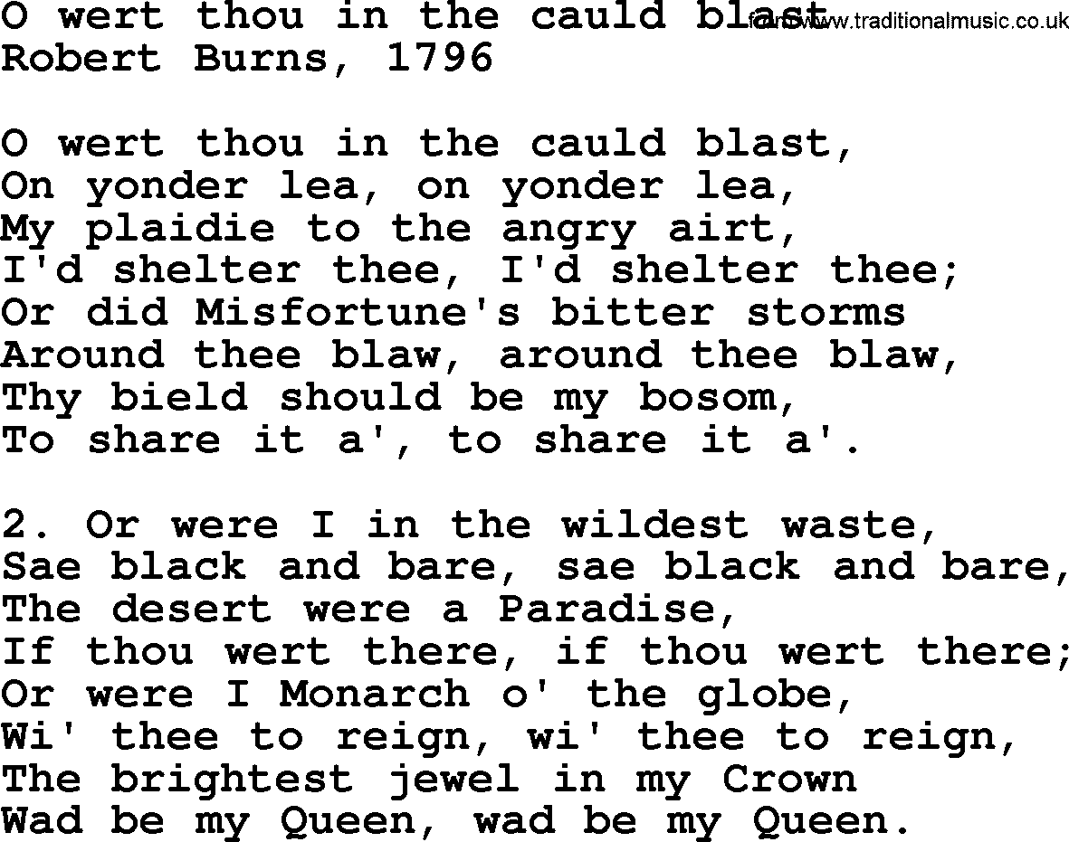 Robert Burns Songs & Lyrics: O Wert Thou In The Cauld Blast