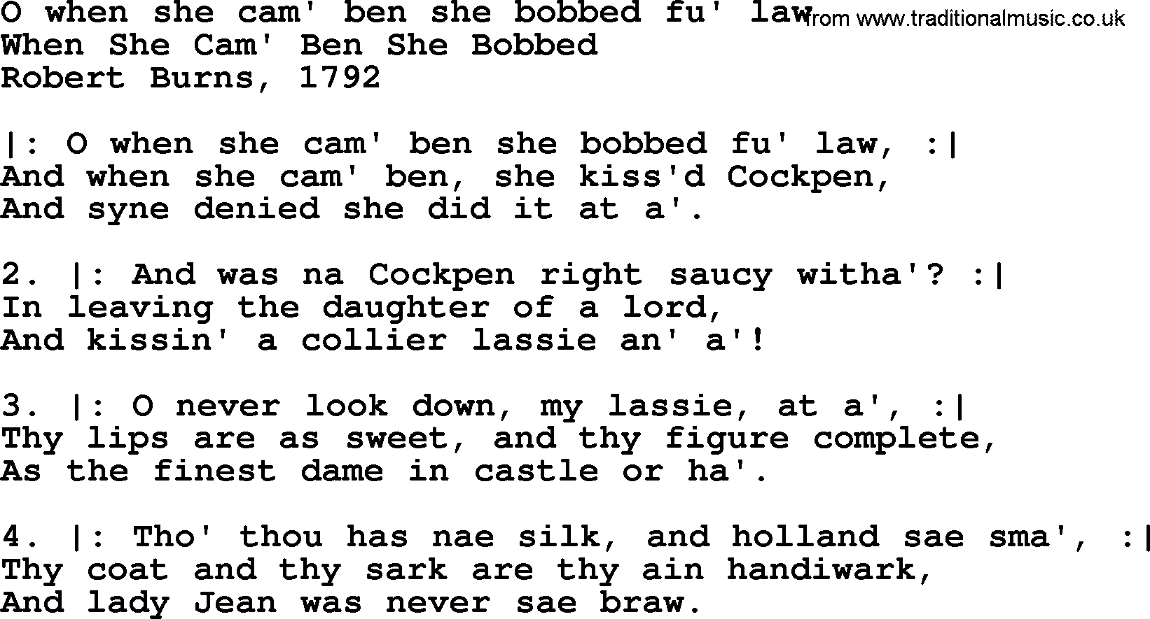 Robert Burns Songs & Lyrics: O When She Cam' Ben She Bobbed Fu' Law