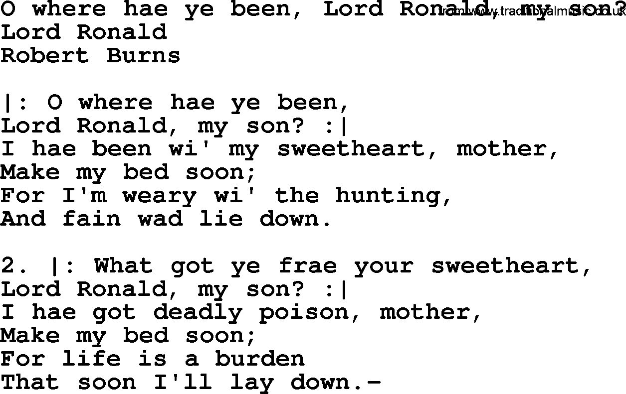 Robert Burns Songs & Lyrics: O Where Hae Ye Been, Lord Ronald, My Son 