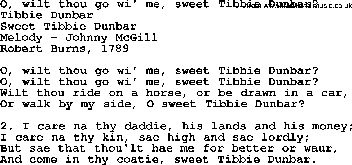 Robert Burns Songs & Lyrics: O, Wilt Thou Go Wi' Me, Sweet Tibbie Dunbar 