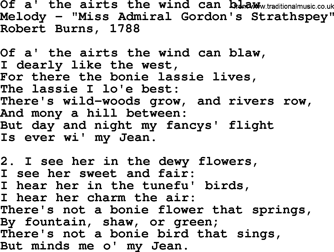 Robert Burns Songs & Lyrics: Of A' The Airts The Wind Can Blaw