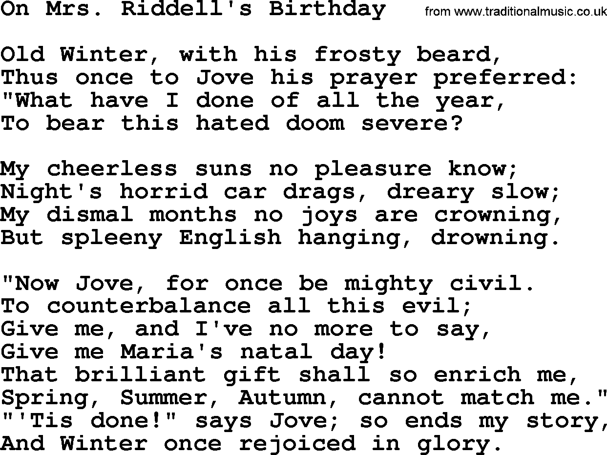 Robert Burns Songs & Lyrics: On Mrs. Riddell's Birthday