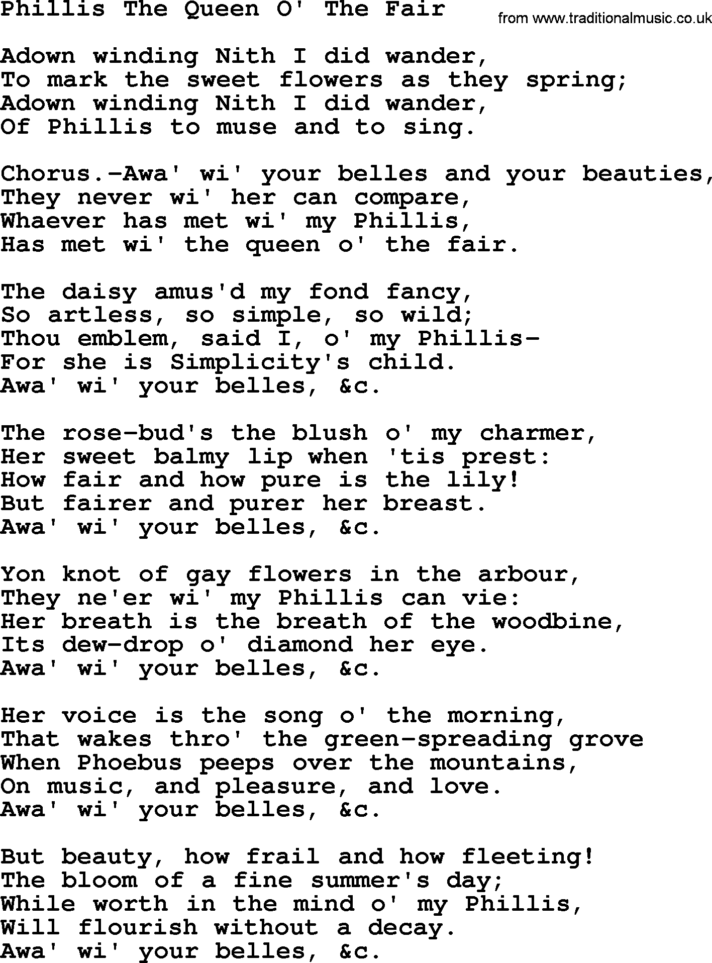 Robert Burns Songs & Lyrics: Phillis The Queen O' The Fair