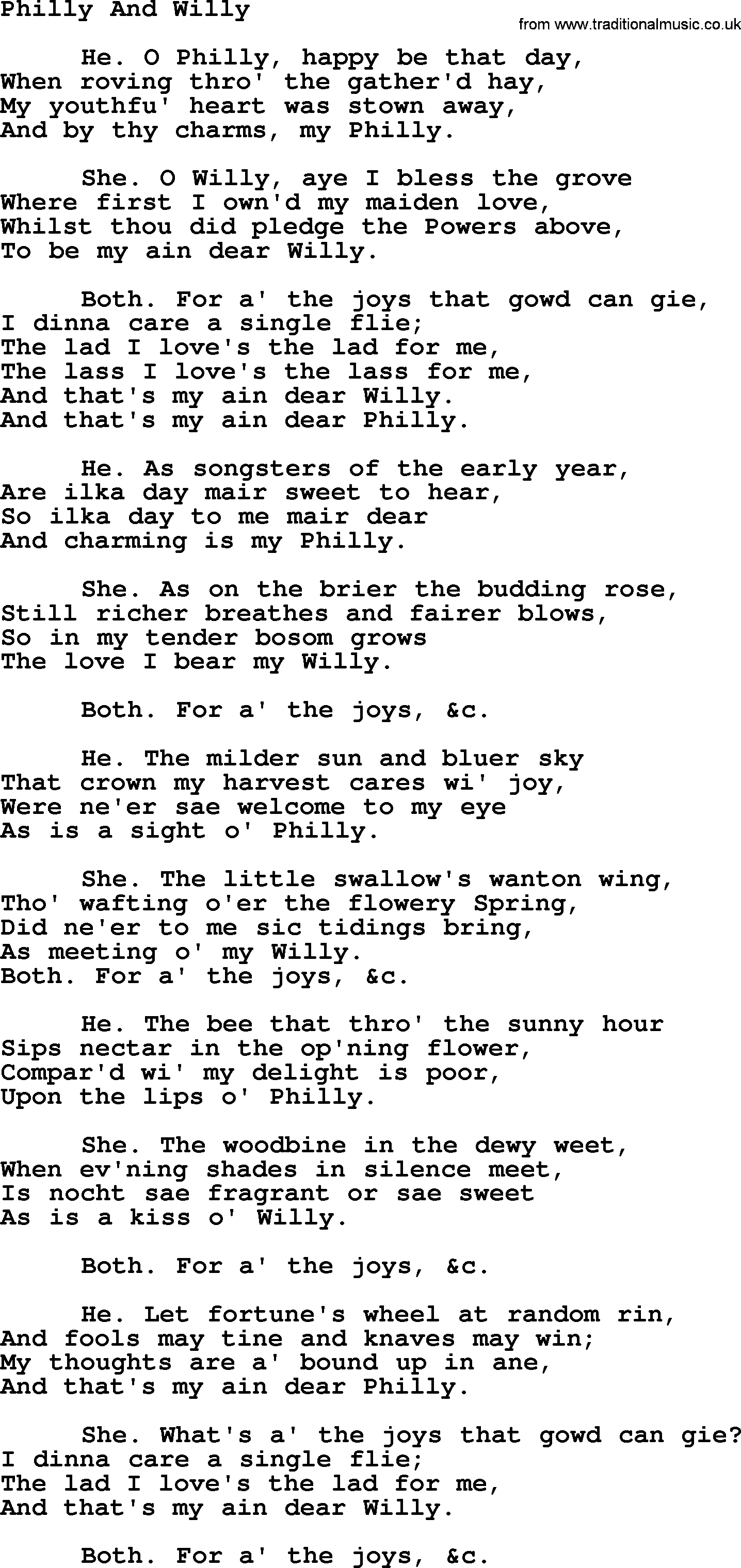 Robert Burns Songs & Lyrics: Philly And Willy