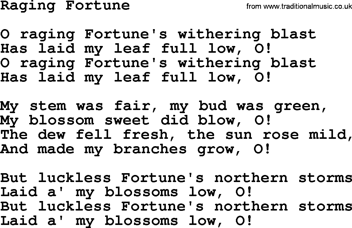 Robert Burns Songs & Lyrics: Raging Fortune
