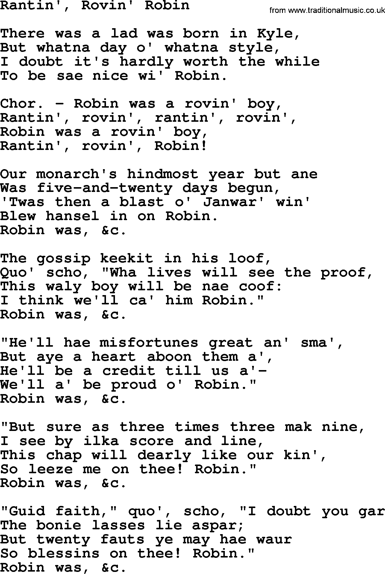 Robert Burns Songs & Lyrics: Rantin', Rovin' Robin