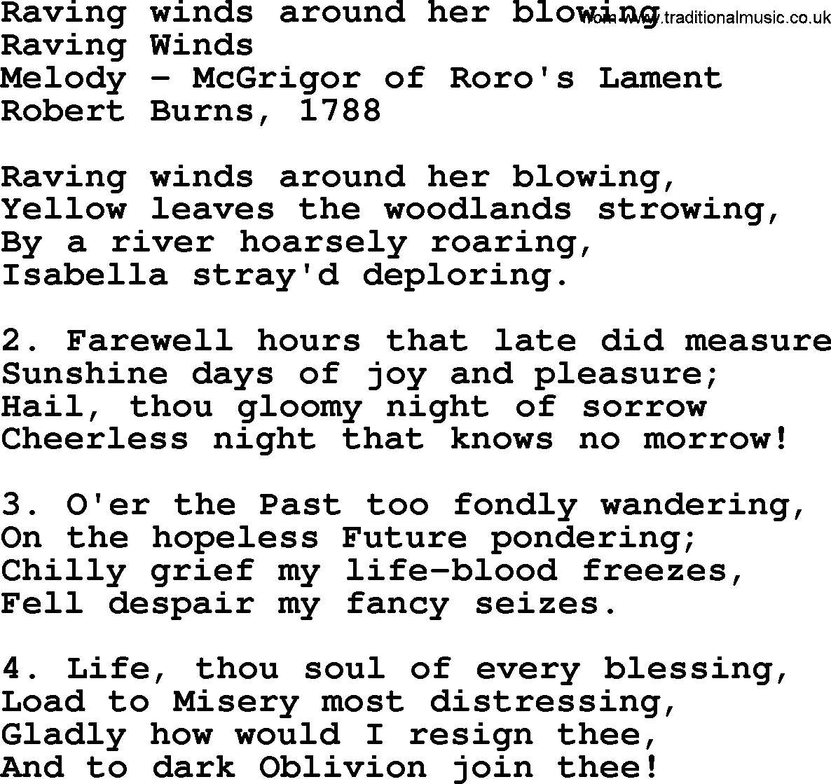 Robert Burns Songs & Lyrics: Raving Winds Around Her Blowing