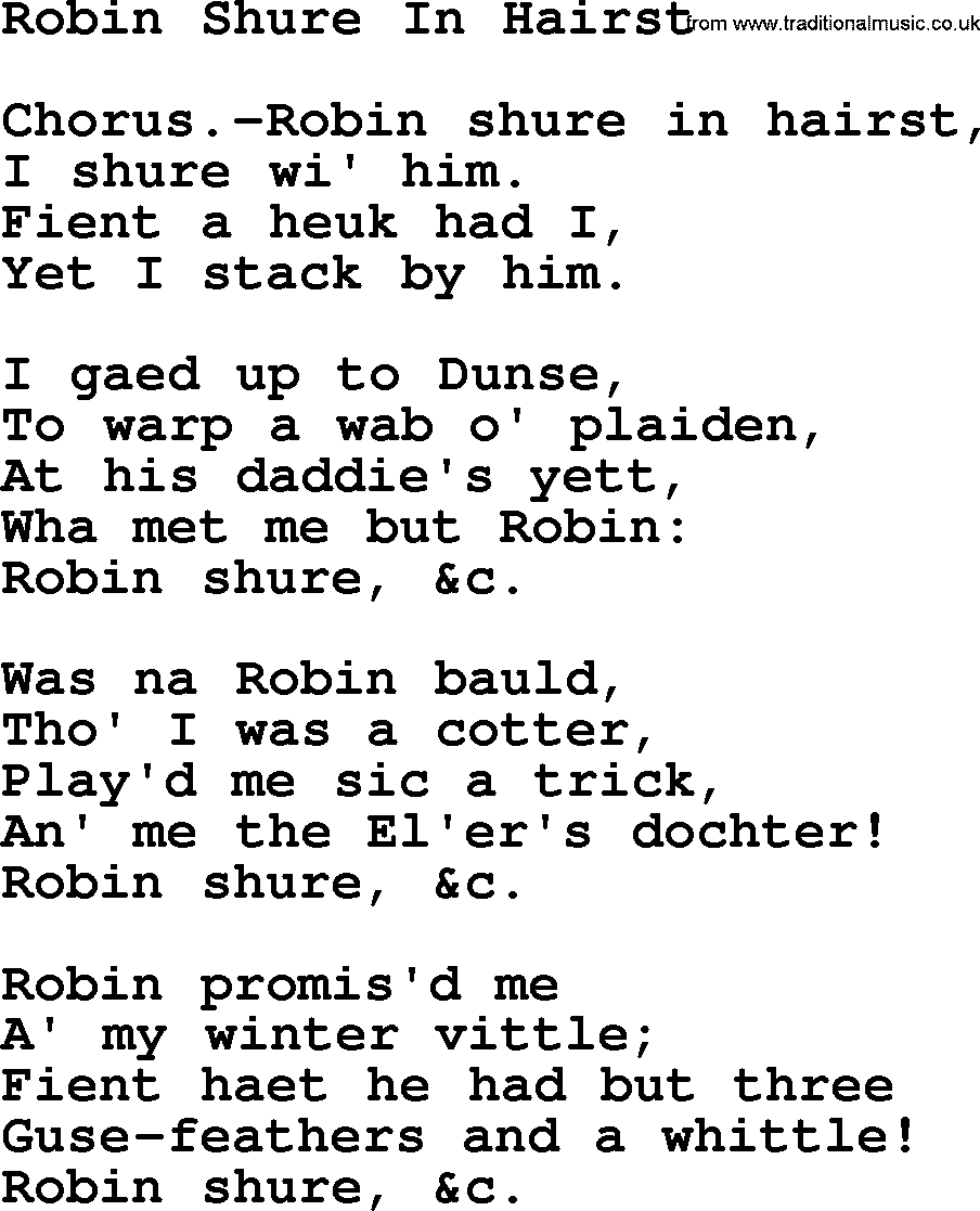 Robert Burns Songs & Lyrics: Robin Shure In Hairst