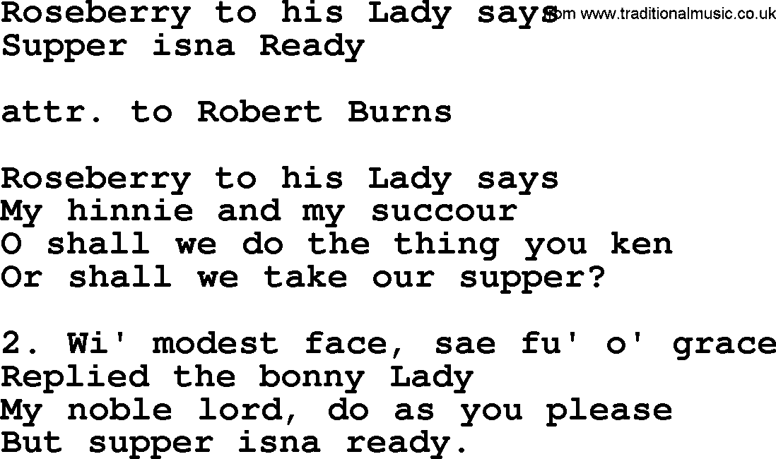 Robert Burns Songs & Lyrics: Roseberry To His Lady Says
