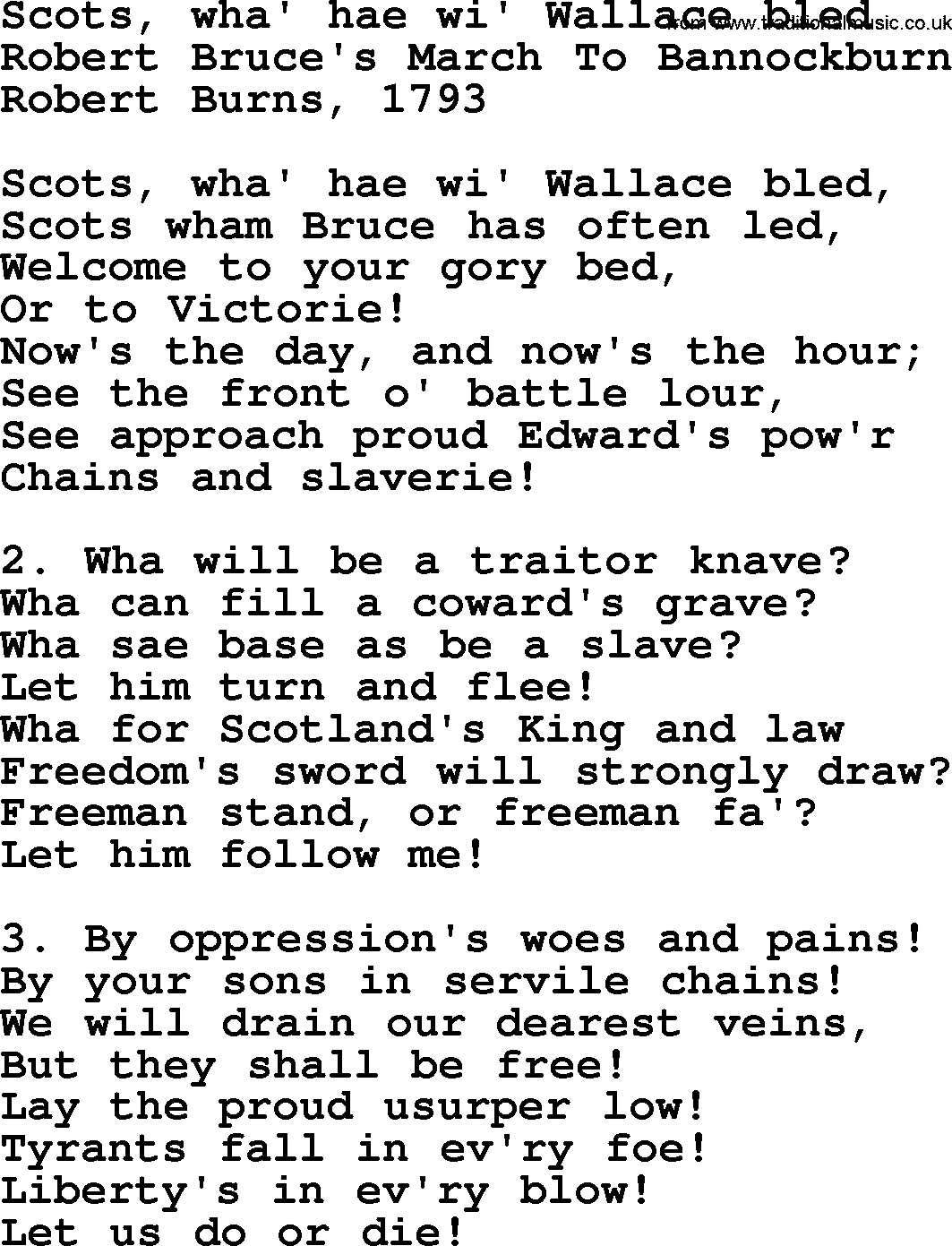 Robert Burns Songs & Lyrics: Scots, Wha' Hae Wi' Wallace Bled