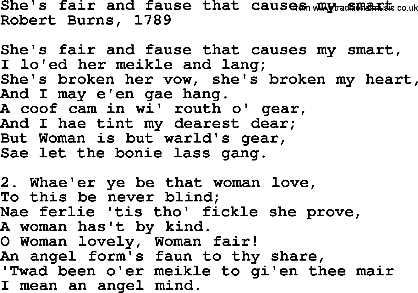 Robert Burns Songs & Lyrics: She's Fair And Fause That Causes My Smart