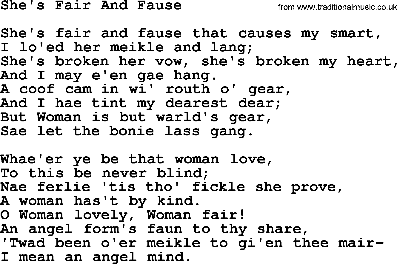 Robert Burns Songs & Lyrics: She's Fair And Fause