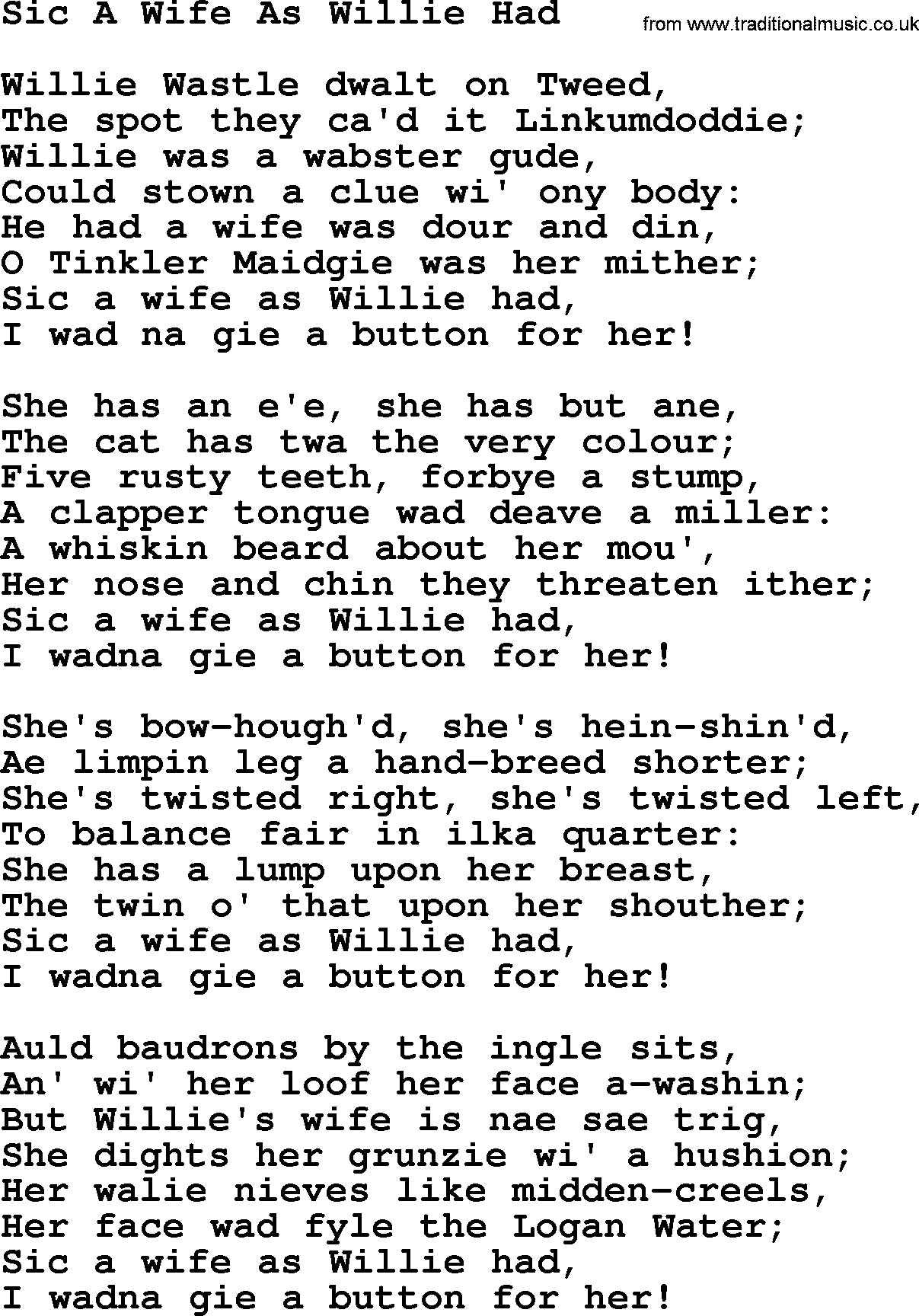 Robert Burns Songs & Lyrics: Sic A Wife As Willie Had