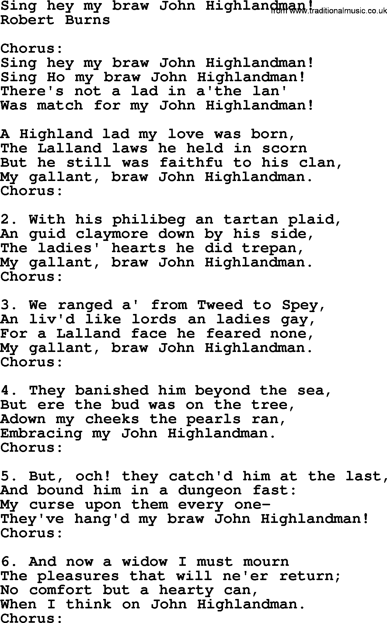 Robert Burns Songs & Lyrics: Sing Hey My Braw John Highlandman!