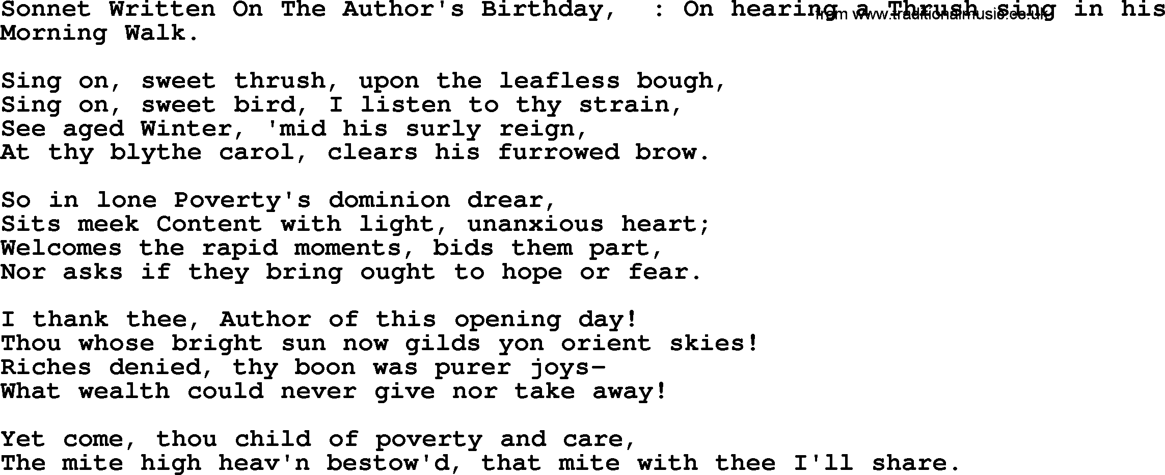 Robert Burns Songs & Lyrics: Sonnet Written On The Author's Birthday, On Hearing A Thrush Sing In His Morning Walk.