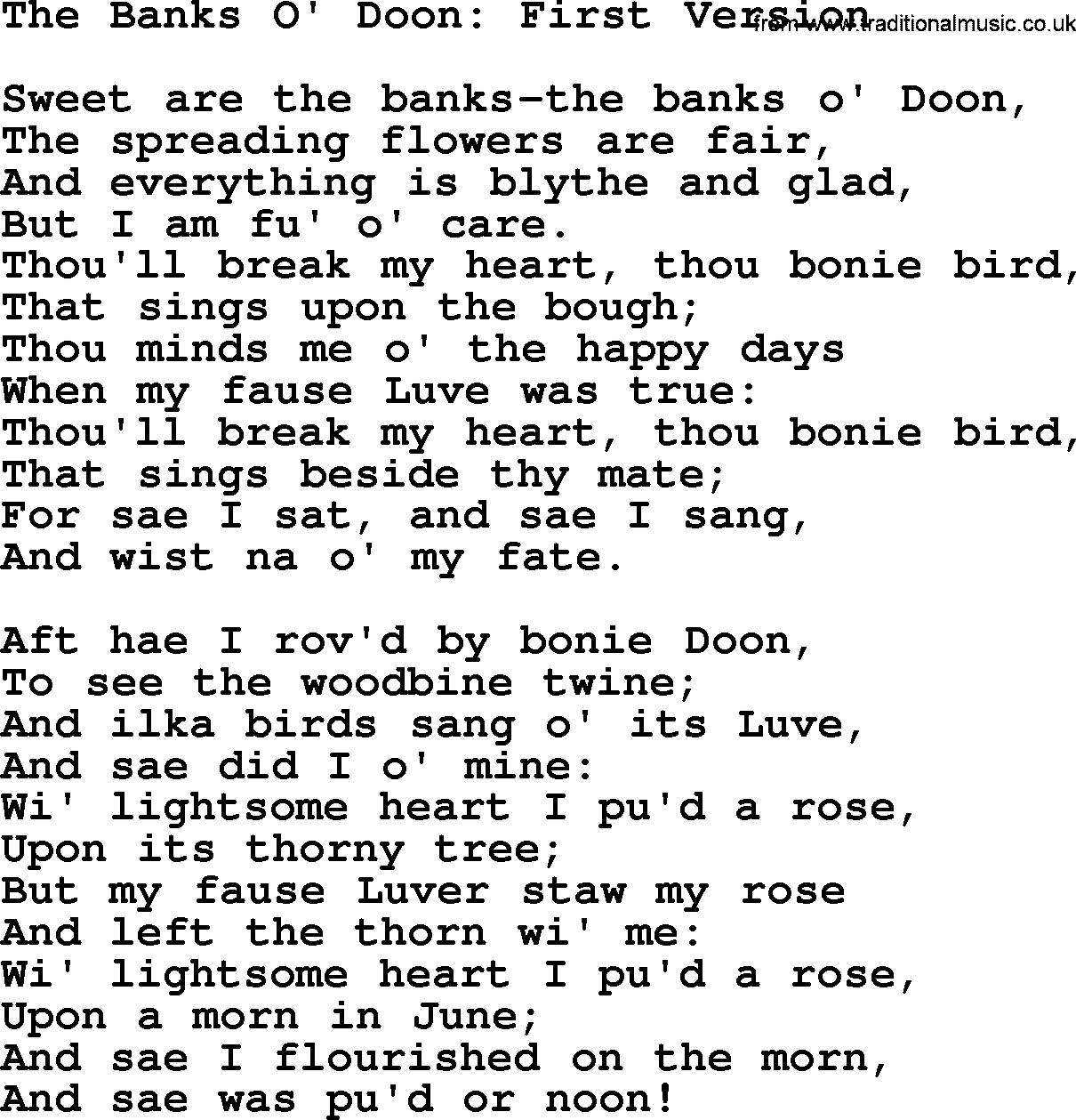 Robert Burns Songs & Lyrics: The Banks O' Doon First Version