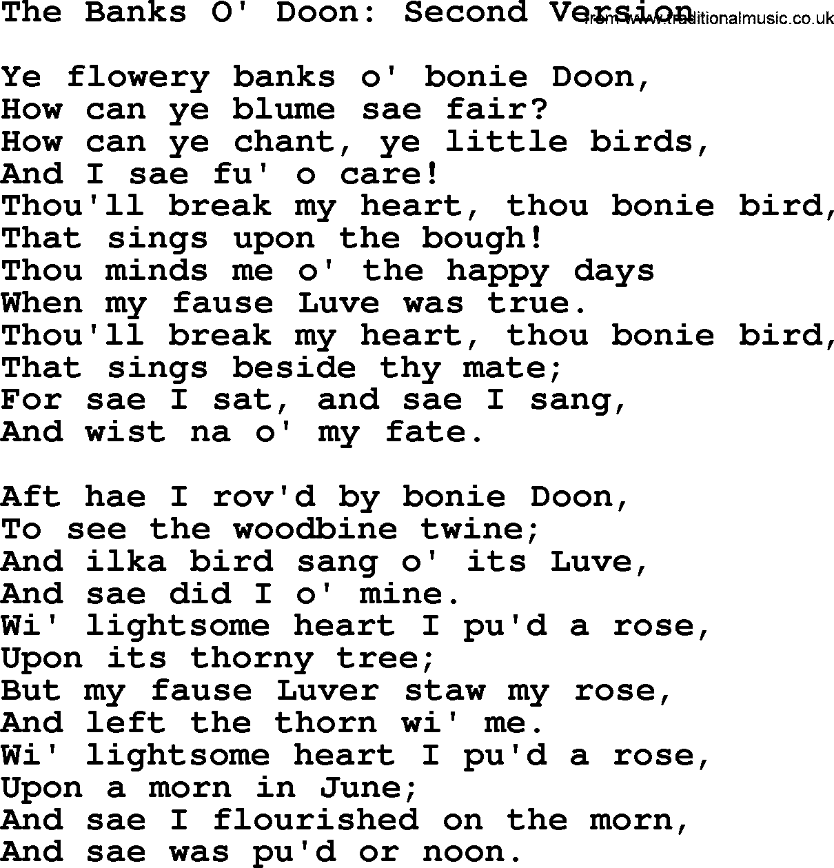 Robert Burns Songs & Lyrics: The Banks O' Doon Second Version