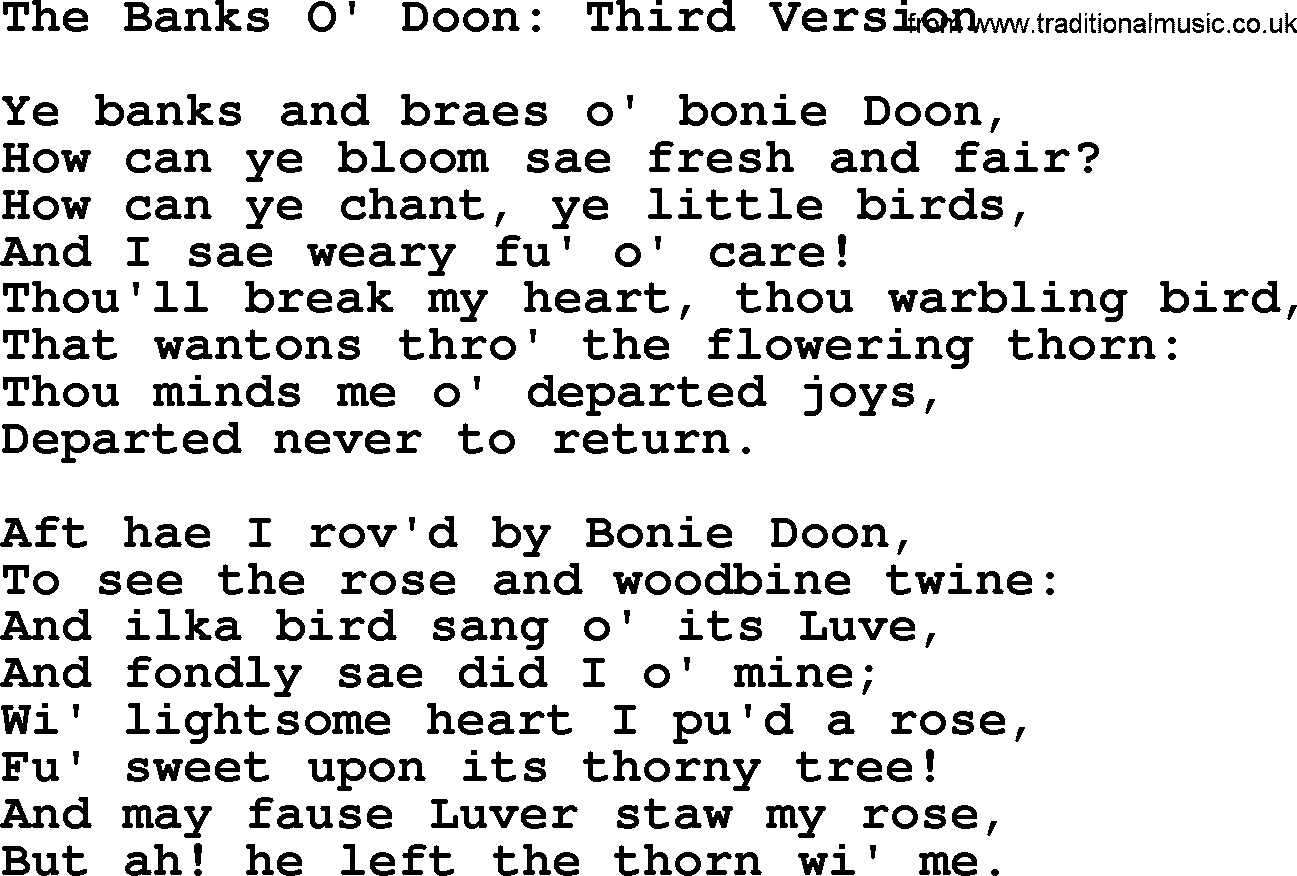 Robert Burns Songs & Lyrics: The Banks O' Doon Third Version