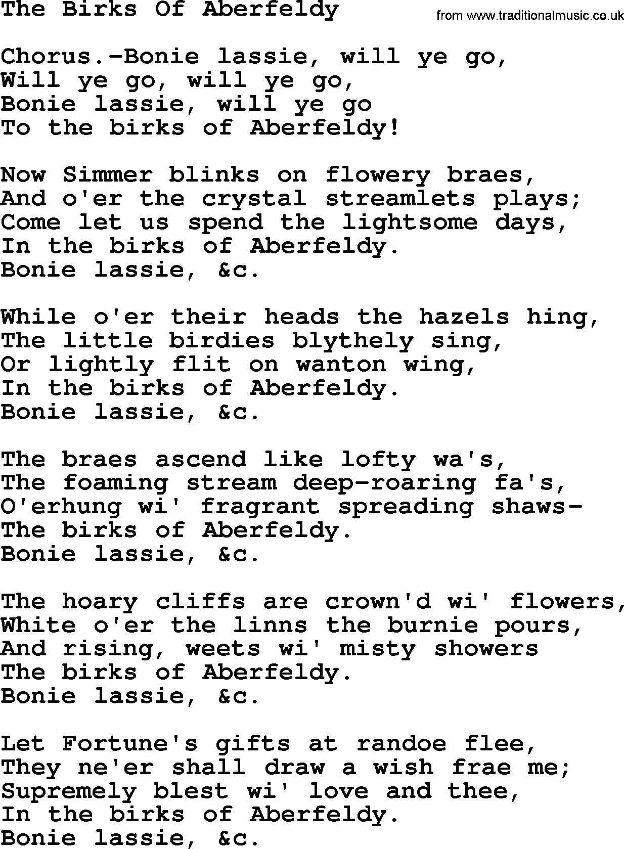 Robert Burns Songs & Lyrics: The Birks Of Aberfeldy