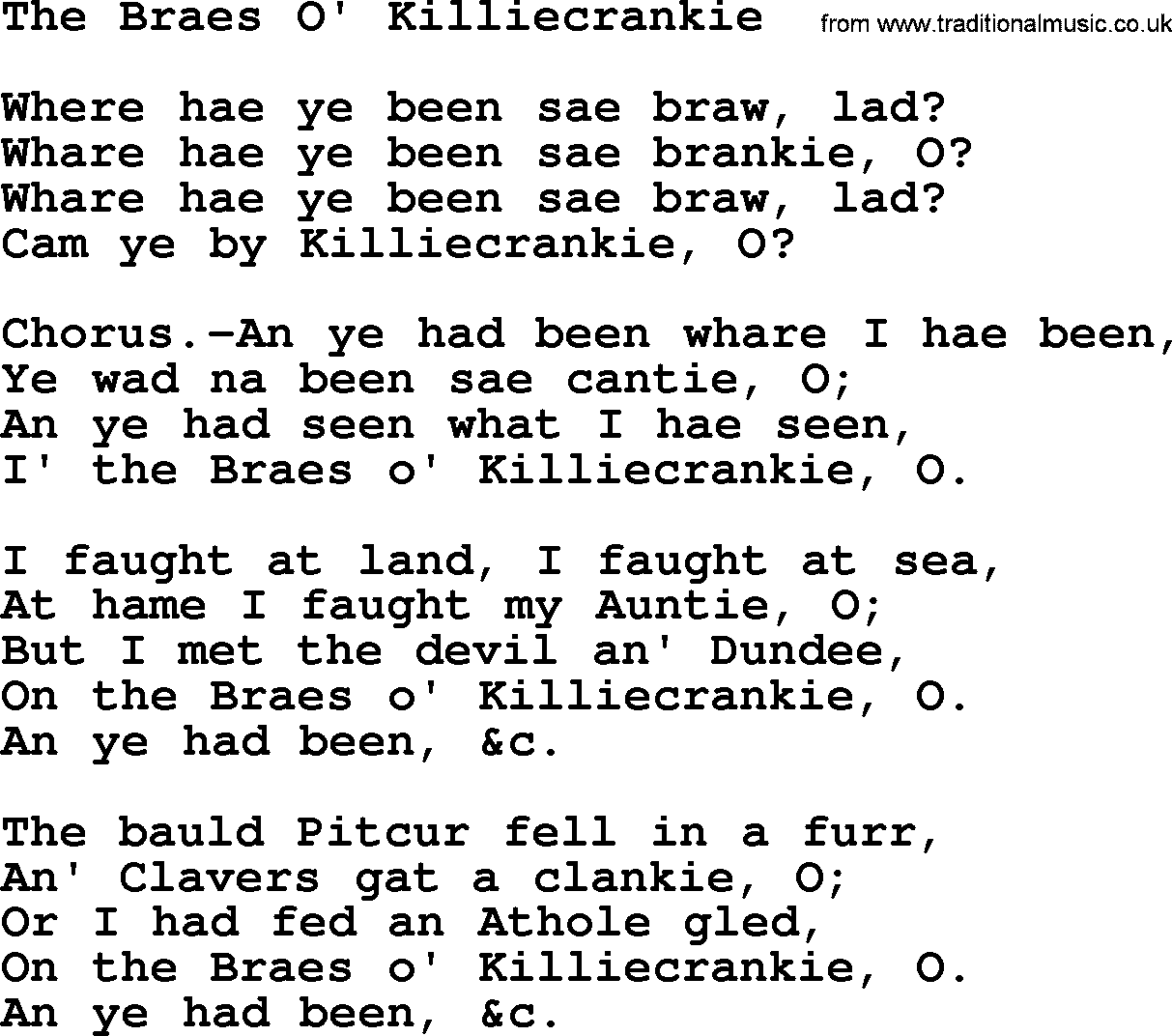 Robert Burns Songs & Lyrics: The Braes O' Killiecrankie